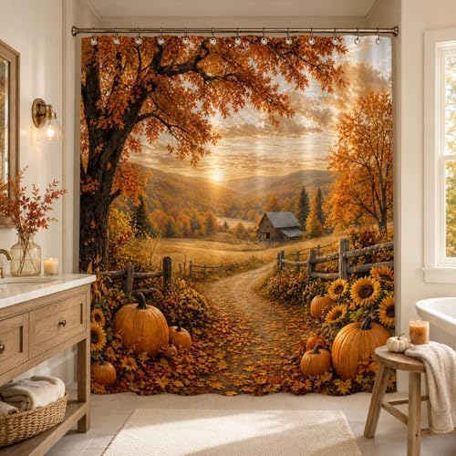 Autumn Pumpkin Shower Curtain, Fall Farmhouse Bathroom Curtain, Thanksgiving Harvest Sunflower Maple Leaves Country Road Waterproof Polyester Fabric Bath Curtain with Hooks 72x72 Inch