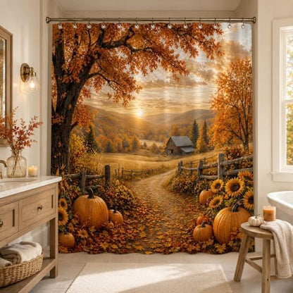 Autumn Pumpkin Shower Curtain, Fall Farmhouse Bathroom Curtain, Thanksgiving Harvest Sunflower Maple Leaves Country Road Waterproof Polyester Fabric Bath Curtain with Hooks 72x72 Inch