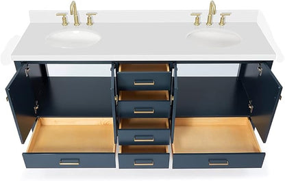 ARIEL Cambridge 72-inch Bathroom Vanity with Sink,Solid Wood, 1.5-inch Pure White Quartz Countertop & Backsplash, Double Oval Porcelain Sink, 4 Soft Closing Doors, 6 Dovetail Drawers, Midnight Blue