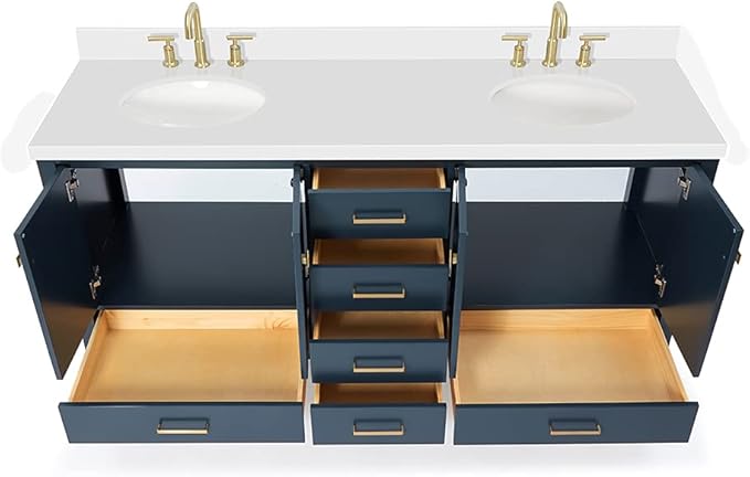 ARIEL Cambridge 72-inch Bathroom Vanity with Sink,Solid Wood, 1.5-inch Pure White Quartz Countertop & Backsplash, Double Oval Porcelain Sink, 4 Soft Closing Doors, 6 Dovetail Drawers, Midnight Blue