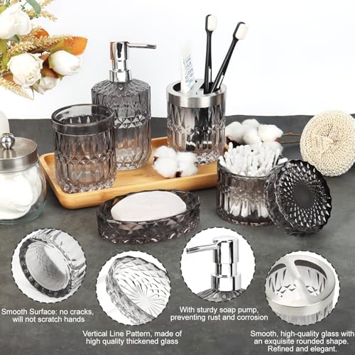 Bathroom Clear Glass Accessories Set, 5Pcs Bathroom Soap Dispenser Set, Glass Bathroom Accessories with Glass Soap Dispenser, Soap Dish, Toothbrush Holder, Tumbler, Cotton Swab Jar (Black & Clear)