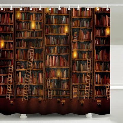 Vintage Library Retro Old Bookshelf Shower Curtain with Hooks 72 x 72 Inch
