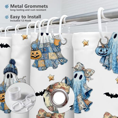 MEHOFOND Halloween Blue White Patchwork Ghost Shower Curtain Bath Curtain