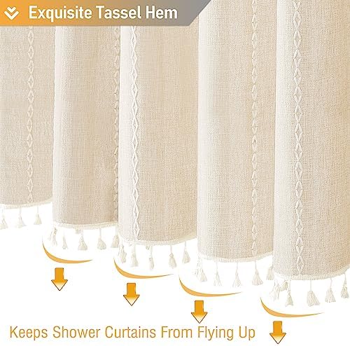 BTTN Cream Boho Farmhouse Linen Heavy Duty Shower Curtain Set, 72x72, Beige