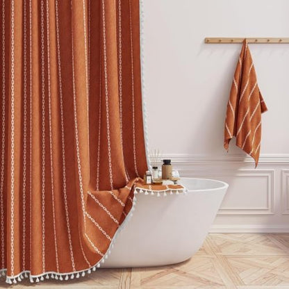 BTTN 48 x 72 Boho Linen Heavy Duty Cloth Shower Curtain Set, Burnt Orange
