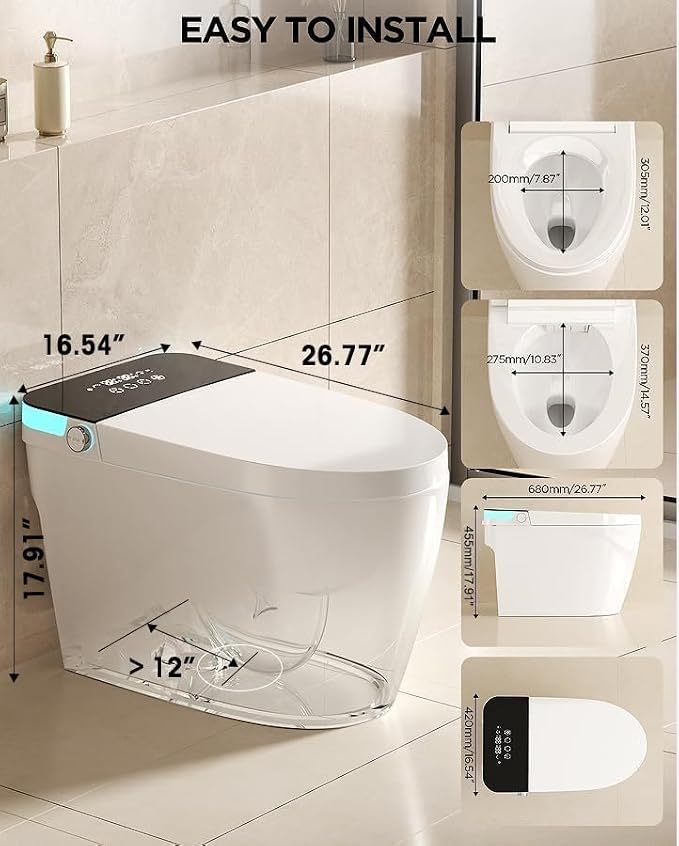 TDH Luxury Smart Bidet Toilet,Bidet Toilet with Larger LED Display,One Piece Toilet with Heated Bidet Seat,Leave Seat Auto Flushing,Foot Sensor & Night Light