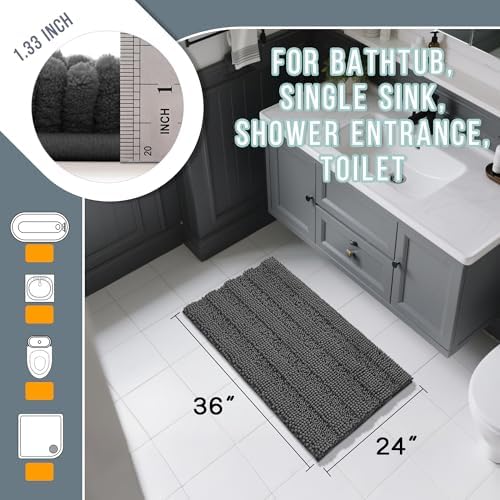 Yimobra Bathroom Rug Mat 36 x 24, Non Slip and Super Absorbent Bath Mat,Machine Washable Quick Dry,Ultra Plush Chenille Shower Rugs for Bathroom Floor Sink Tub and Shower Outside,Dark Gray