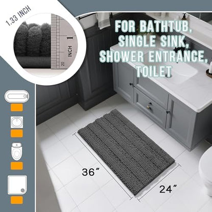Yimobra Bathroom Rug Mat 36 x 24, Non Slip and Super Absorbent Bath Mat,Machine Washable Quick Dry,Ultra Plush Chenille Shower Rugs for Bathroom Floor Sink Tub and Shower Outside,Dark Gray