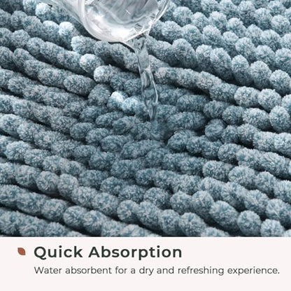 FRESHMINT Chenille Bathroom Rugs Mat 32"x20", Non-Slip Bath Mat for Bathroom Floor & Bathtub, Washable Shower Shag Bath Rugs, Soft Fluffy Thick Water Absorbent Microfiber Shower Mat, Aqua & White