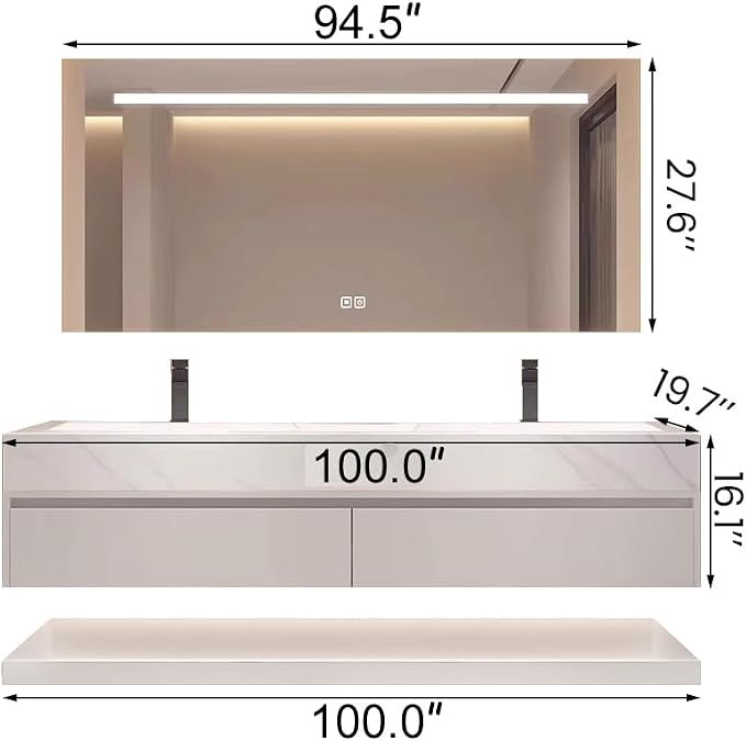 100" Bathroom Vanity with Sink, Double Sink Bathroom Vanity with Smart LED Defog Mirror Cabinet, Ceramic Sink Waterproof Wall Mounted Floating, Soft Closing, Fully Pre-Assembled,Ample Storage