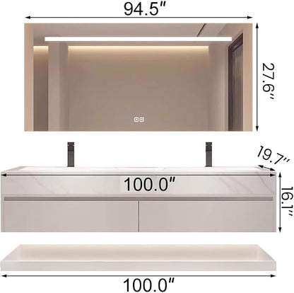 100" Bathroom Vanity with Sink, Double Sink Bathroom Vanity with Smart LED Defog Mirror Cabinet, Ceramic Sink Waterproof Wall Mounted Floating, Soft Closing, Fully Pre-Assembled,Ample Storage
