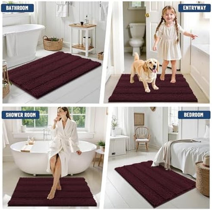 Grandaily Chenille Striped Bathroom Rugs 36x24, Extra Thick and Soft Absorbent Bath Mats, Rubber Backing, Plush Shaggy Shower Carpet, Machine Wash Dry, Bath Rug for Bathroom, Black Cherry