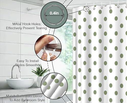 Polka Dot Shower Curtain Sage Green White Retro Spot Vintage Fabric Decorative Bathroom Curtains with Hooks,70" Wx70 H