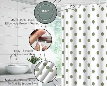 Polka Dot Shower Curtain Sage Green White Retro Spot Vintage Fabric Decorative Bathroom Curtains with Hooks,70" Wx84 H