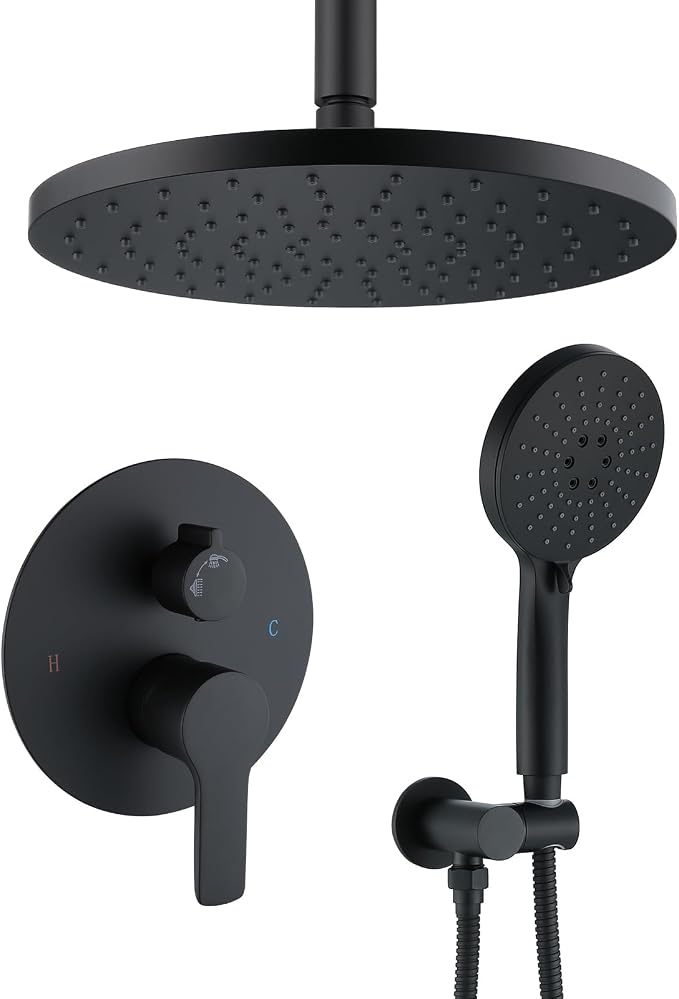Iriber Shower System Ceiling Mounted Shower Faucet Mixer Set with Luxury High Pressure Shower head and 3-Setting Handheld, Bathroom Shower Trim Kit Contain Pressure Balance Valve,Mattle Black