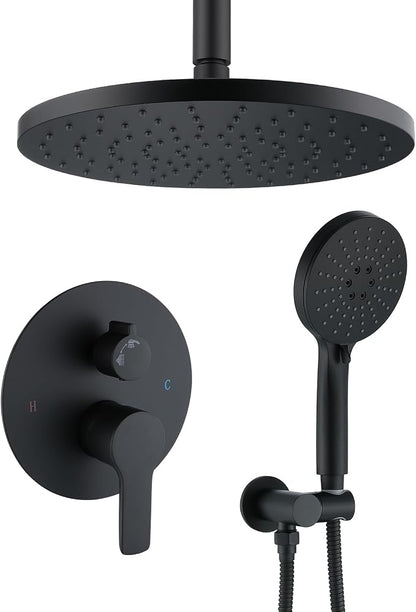 Iriber Shower System Ceiling Mounted Shower Faucet Mixer Set with Luxury High Pressure Shower head and 3-Setting Handheld, Bathroom Shower Trim Kit Contain Pressure Balance Valve,Mattle Black