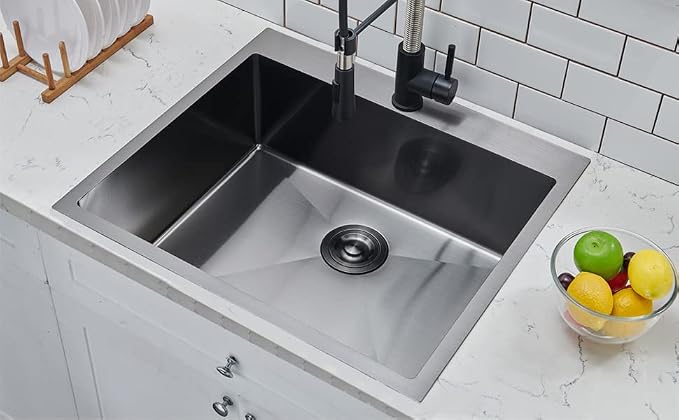 25x22 Inch Black Drop In Kitchen Sink, Top Mount 16 Gauge 304 Stainless Steel 8 Inch Deep Laundry Utility Sink, Gunmetal Black Single Bowl Topmount Overmount Sink