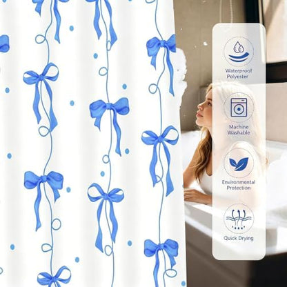 Bow Shower Curtain for Bathroom, Teen Girls Theme, Navy Blue, 72x72 Inches