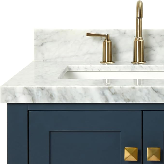 ARIEL Cambridge 36-inch Bathroom Vanity with Sink,Solid Wood, 1.5-inch Italian Carrara Marble Countertop, Single Rectangular Porcelain Sink, 2 Soft Closing Doors, 5 Dovetail Drawers, Midnight Blue
