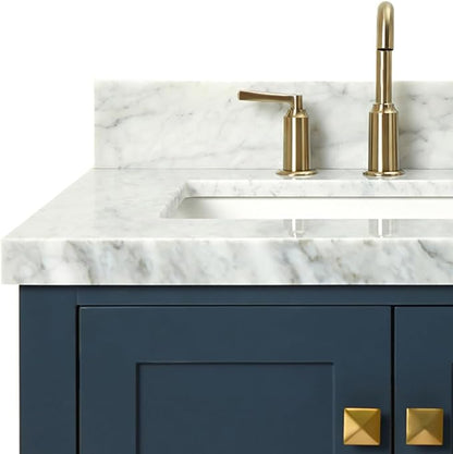 ARIEL Cambridge 36-inch Bathroom Vanity with Sink,Solid Wood, 1.5-inch Italian Carrara Marble Countertop, Single Rectangular Porcelain Sink, 2 Soft Closing Doors, 5 Dovetail Drawers, Midnight Blue
