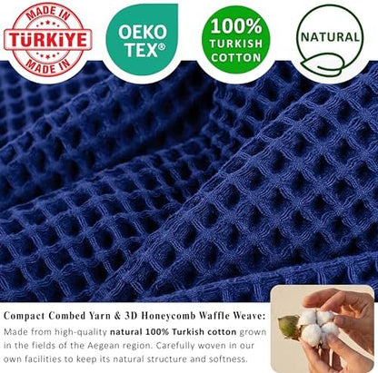 PÜSKÜL Natural 100% Turkish Cotton Waffle Towels Set of 4-Piece, Navy Blue
