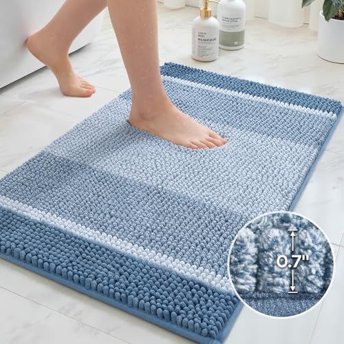HOMEIDEAS Blue Bathroom Rugs Set, Striped Chenille, 20"x32"+17"x24"