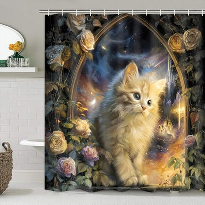 4Pcs Cat Milky Way Shower Curtain Sets with Non-Slip Rugs,Toilet Lid Cover and Bath Mat,Rose Castle Pattern Home Bathroom Decor Set Accessories Waterproof Shower Curtains with 12 Hooks,72 x 72 Inch