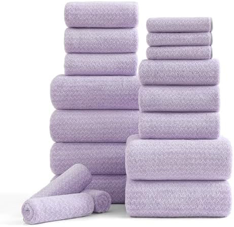 18 Piece Bath Towels Set,100% Microfiber Family Bathroom Towel with Hanging Loops-6 Bath Towels,6 Hand Towels,6 Washcloths,Quick Dry Highly Absorbent Shower Towel for Bathroom,Hotel,Spa-Light Purple