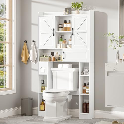 Vabches Over The Toilet Cabinet with 2 Barn Doors & Sliding Door,White