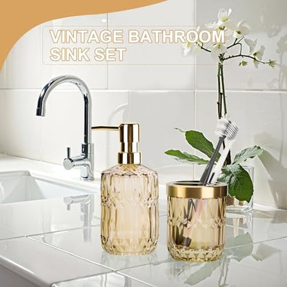RRM Glass Bathroom Toothbrush Holder and Soap Dispenser Set, Brown