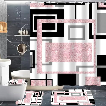 Yddsky 4 Pcs Pink Geometric Shower Curtain Set with Rugs Bathroom Set