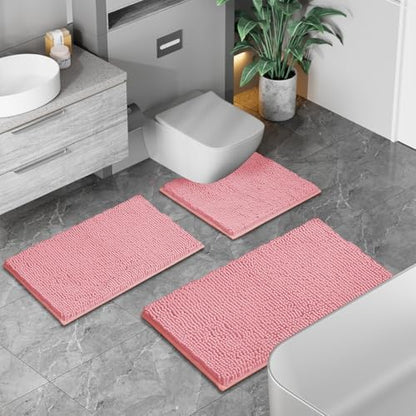Pink Bathroom Rugs Chenille Bath Mat Set 2-Piece Bath Rugs for Bathroom Extra Soft Bath Mats for Bathoom Non Slip Absorbent Shag Bathoom Carpet