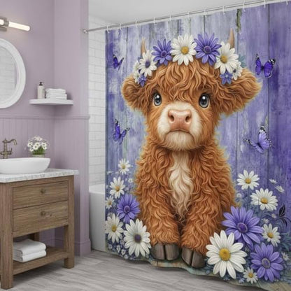 Cute Cow Shower Curtain, Farmhouse Rustic Purple Floral Daisy Highland Cow Shower Curtains for Bathroom, Calf Country Farm Animal Garden Plant Fabric Bathroom Decor with Hooks, 60x72 inch
