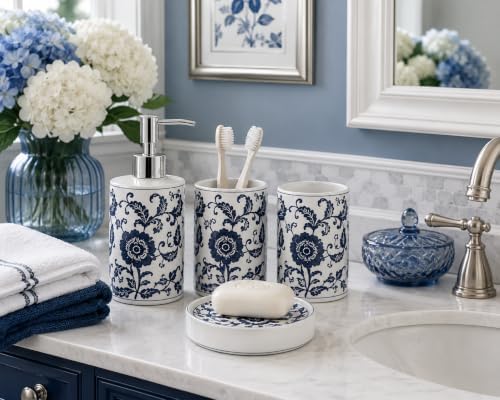 4 Piece Blue and White Ceramic Bathroom Accessories Set, Chinoiserie Floral Soap Dispenser, 2 Toothbrush Holders/Tumblers and Soap Dish, Porcelain Style Bath Countertop Decor