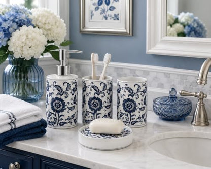 4 Piece Blue and White Ceramic Bathroom Accessories Set, Chinoiserie Floral Soap Dispenser, 2 Toothbrush Holders/Tumblers and Soap Dish, Porcelain Style Bath Countertop Decor