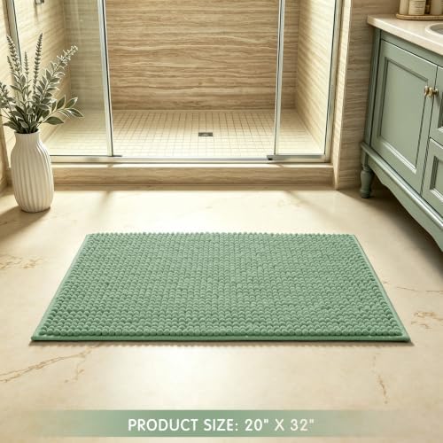 SUBRTEX Bathroom Rugs, 20" x 32" Chenille Bath Rug Soft Short Plush Bath Mat Soft Shower Mat Water Absorbent Shower Mat Quick Dry Machine Washable, Sage Green