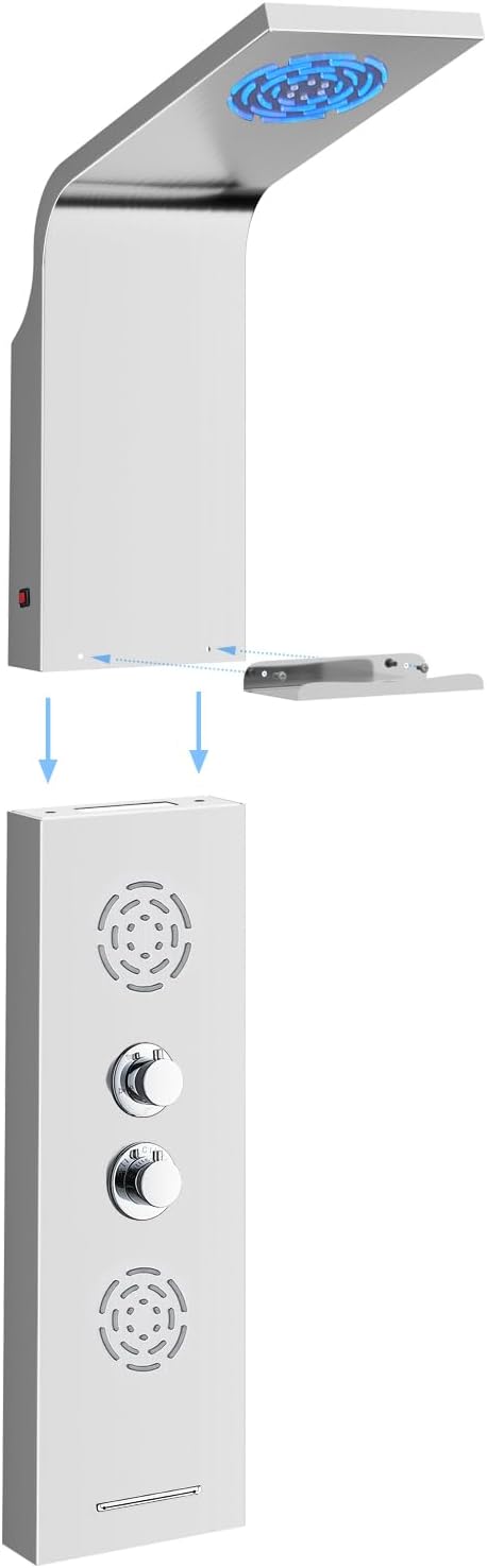 POPFLY Shower Panel Tower System with Shelf | LED Mist & Rain Shower Head, 304 Stainless Steel Shower Tower, 2 Body Jets, Tub Spout, Brushed
