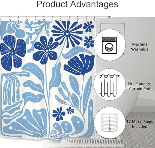 Abstract Blue Matisse Flower Shower Curtain 60Wx72L Inch Retro Vintage Aesthetic Minimalist Cute Art 70s Trendy Modern Bathroom Set Accessories Decor with 12 Pack Hooks