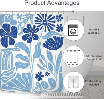 Abstract Blue Matisse Flower Shower Curtain 60Wx72L Inch Retro Vintage Aesthetic Minimalist Cute Art 70s Trendy Modern Bathroom Set Accessories Decor with 12 Pack Hooks