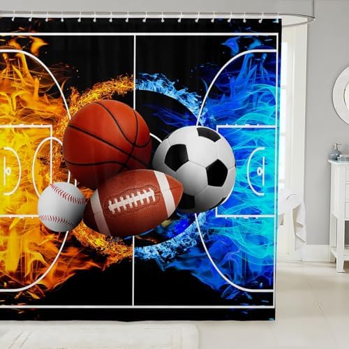 jejeloiu Ball Games Bath Curtain Boys Girls 72"x72" Ice Fire Ball Shower Curtain for Kids Women Men Waterproof Football Bathroom Shower Curtain Set Sports Game Kids Bathroom Accessories