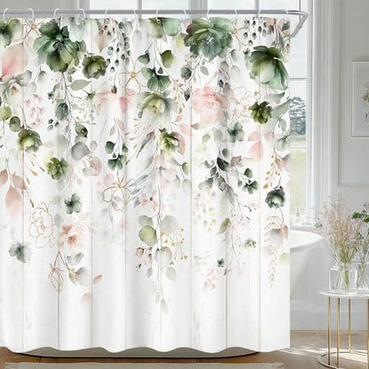 Rustic Green Pink Floral Eucalyptus Leaves Bathroom Shower Curtain Set