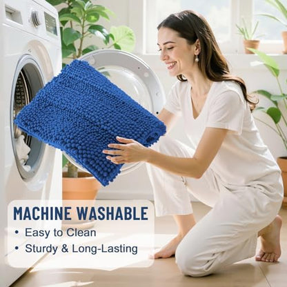 Grandaily Chenille Striped Bathroom Rugs 24x16, Extra Thick and Soft Absorbent Bath Mats, Rubber Backing, Plush Shaggy Shower Carpet, Machine Wash Dry, Bath Rug for Bathroom, Deep Navy Blue