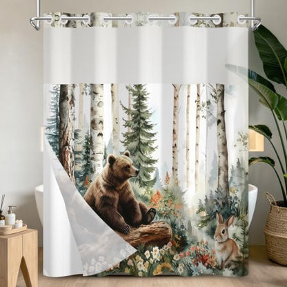 No Hook Woodland Animal Shower Curtain and Liner Set 71x74 Inch