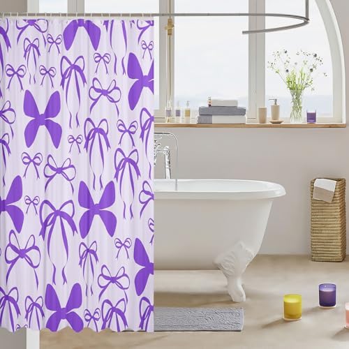 jejeloiu Cute Bowknot Shower Curtain for Bathroom Decor 72"x84" Purple Girls Bow Bath Curtain Kawaii Bathroom Accessories Waterproof Polyester Fabric with 12 Hooks for Stalls Bathtubs Princess Decor