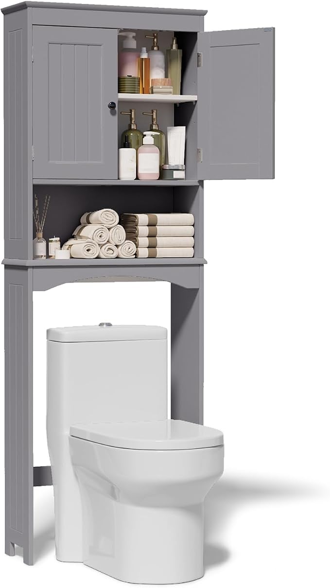 Gizoon Over the Toilet Storage Cabinet with Adjustable Shelf, Grey | Bathroom Space Saver Organizer Above Toilet with Open Shelf and Double Doors, Taller Wooden Free Standing Toilet Rack