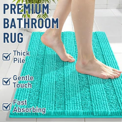 Grandaily Chenille Striped Bathroom Rugs 59x24, Extra Thick and Soft Absorbent Bath Mats, Rubber Backing, Plush Shaggy Shower Carpet, Machine Wash Dry, Bath Rug for Bathroom, Turquoise