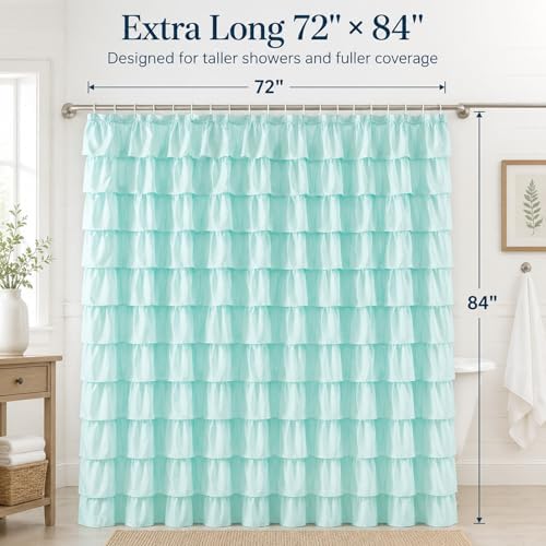 Teal Ruffle Shower Curtain for Bathroom, 72x84 Inch, 1 Panel