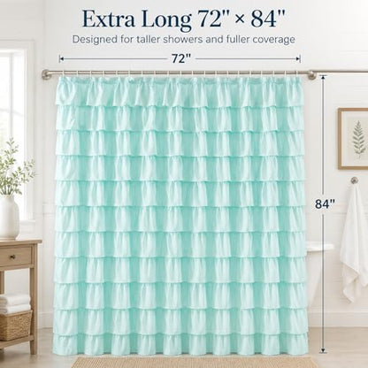 Teal Ruffle Shower Curtain for Bathroom, 72x84 Inch, 1 Panel