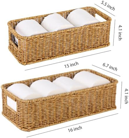 2pcs Toilet Paper Basket, Rectangular Wicker Bathroom Storage Basket, Waterproof Handwoven Toilet Paper Rolls Organizer Baskets for Apartment, Bedroom, Bathroom, Kitchen Shelf (Beige)