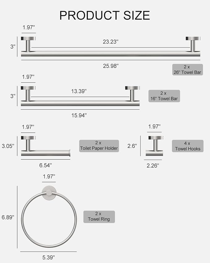 Wall-Mount Towel Bar Bathroom Hardware Accessory Set 12-Piece | Brushed Nickel,Stainless Steel,Wall Mount,Bathroom Hardware Set,Simple DIY installation,Stain-resistant and easy to maintain